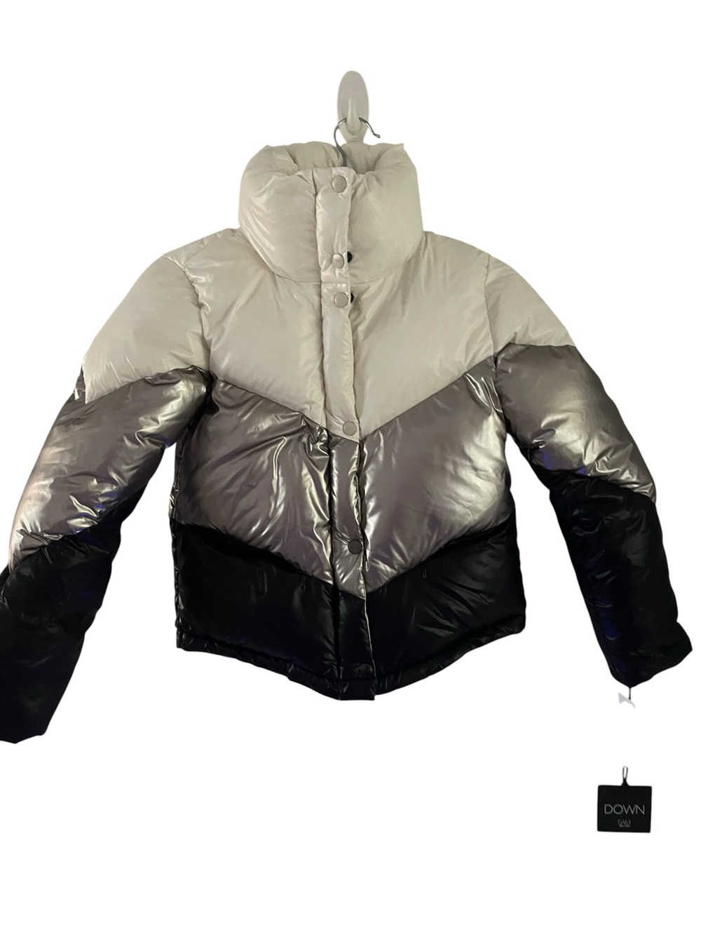 NWT SAM. Colorblock Puffer Jacket in Cream, Silver & Black Girl Size 12